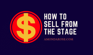 dark blue banner with red and yellow dollar sign, how to sell from the stage