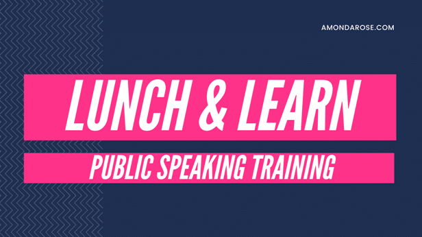 dark blue and pink banner with white lettering, lunch & learn public speaking training