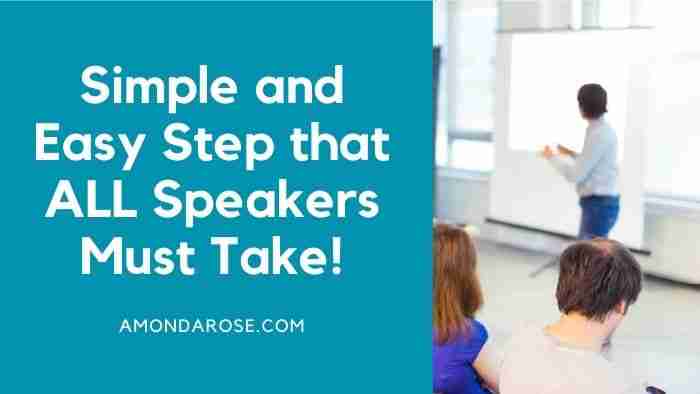 blue banner with white lettering simple and easy step that all speakers must take, presenter in front of whiteboard
